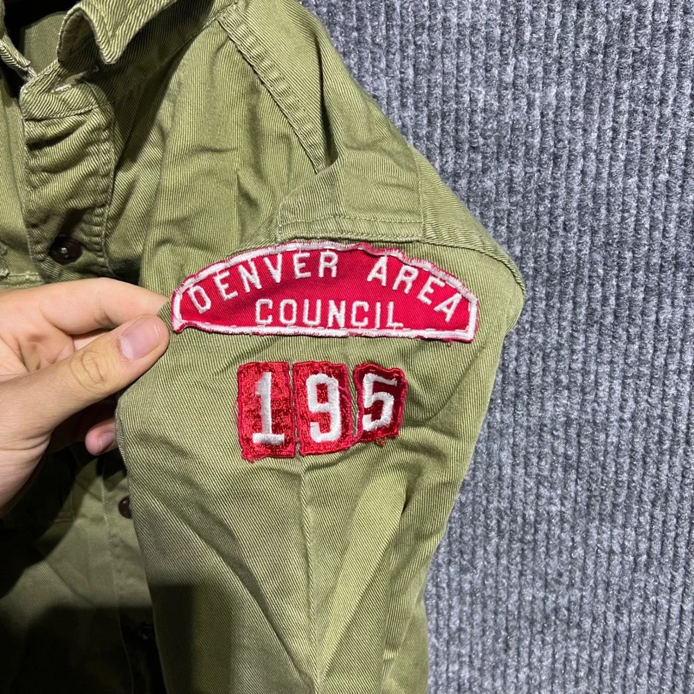 Vintage Boy Scouts of America Shirt Youth M Green Denver Council Patch Uniform